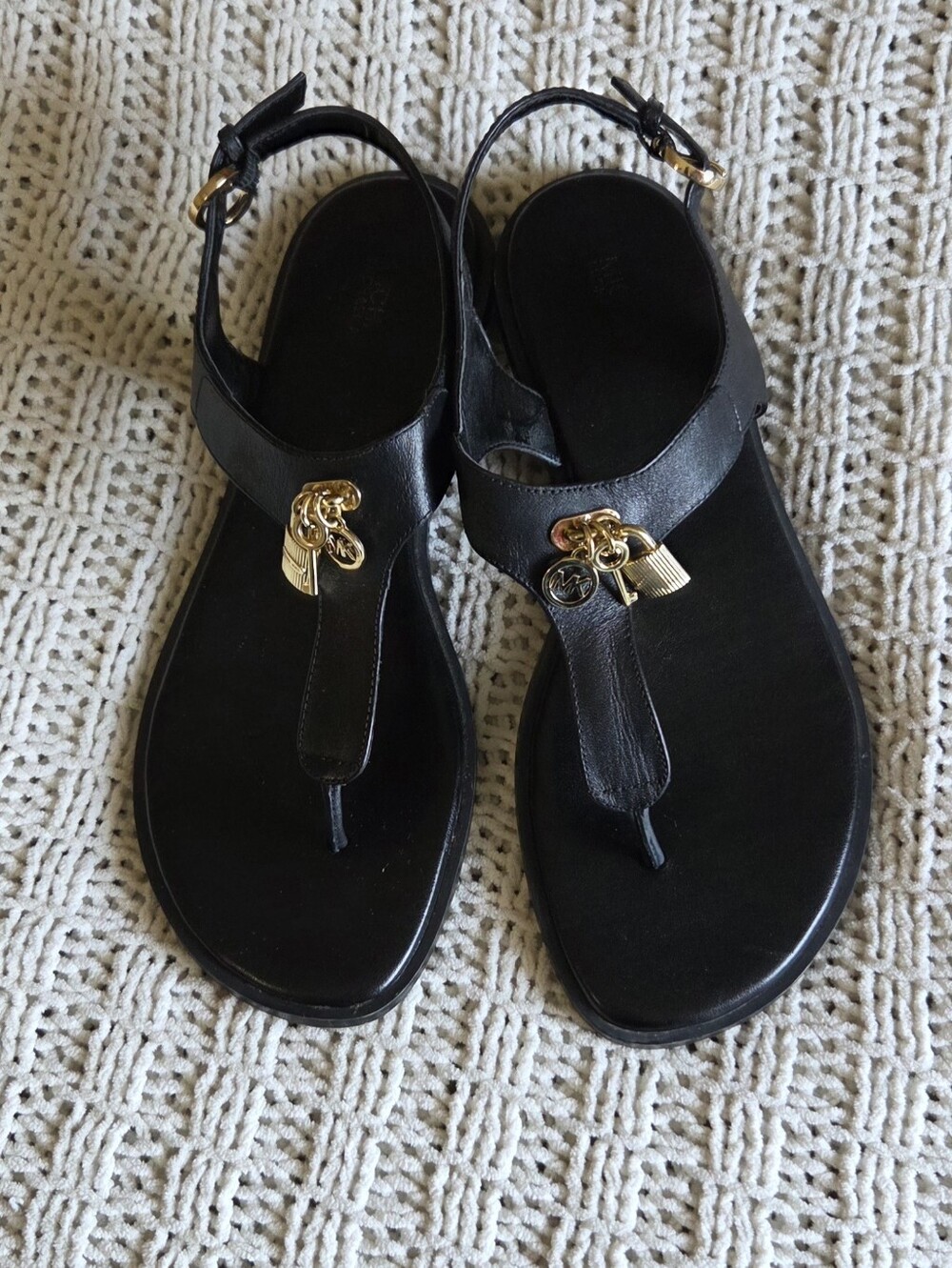 Michael Kors Black Leather Sandals With Gold Accents Size 7.5